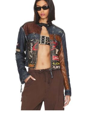Jaded London Brown & Black Patchwork Cropped Leather and Denim Jacket